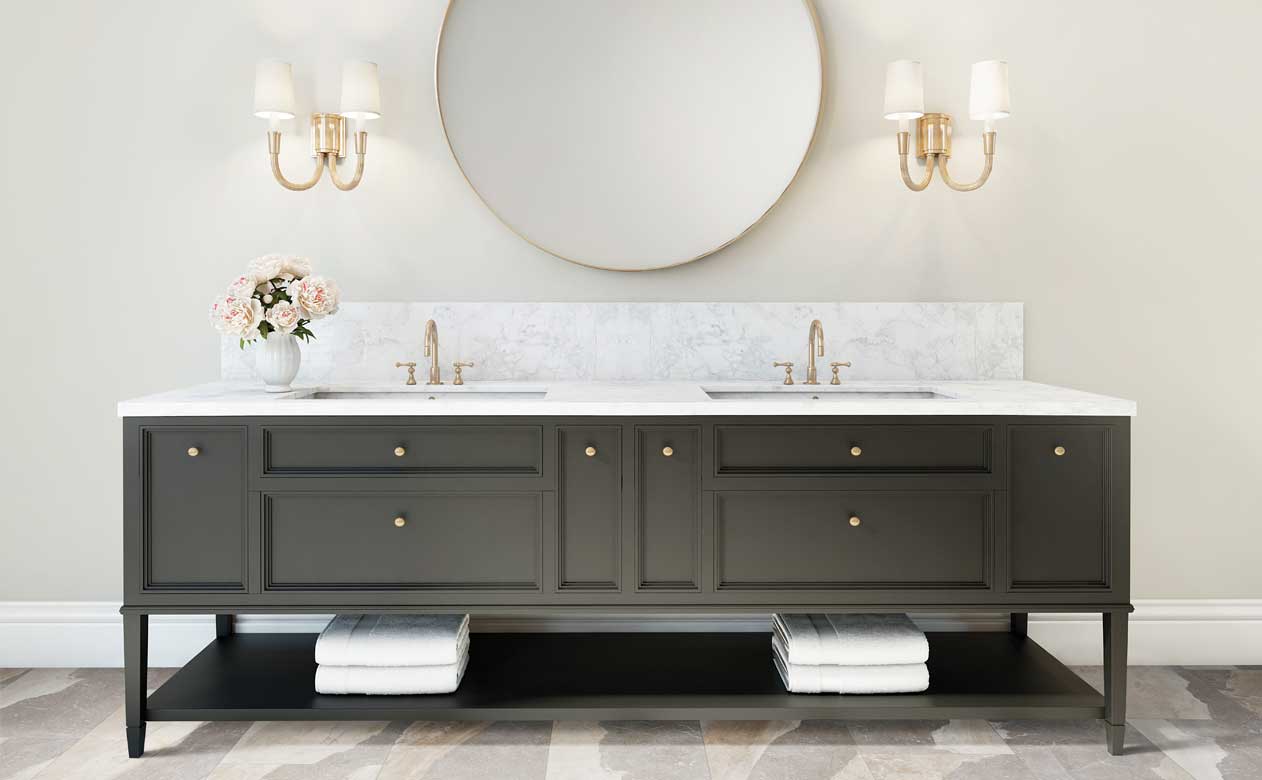 large format stone look tile in bathroom with dark brown vanity and marble stone countertops